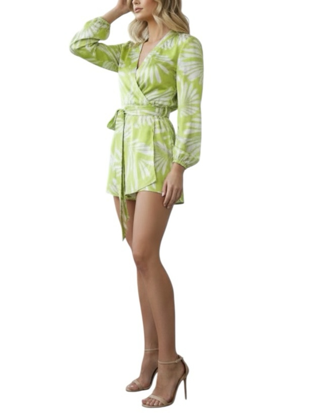 Alexis Karine Mini Wrap Dress Bliss Lime Green Abstract Floral Satin Size S $396 - Picture 3 of 16